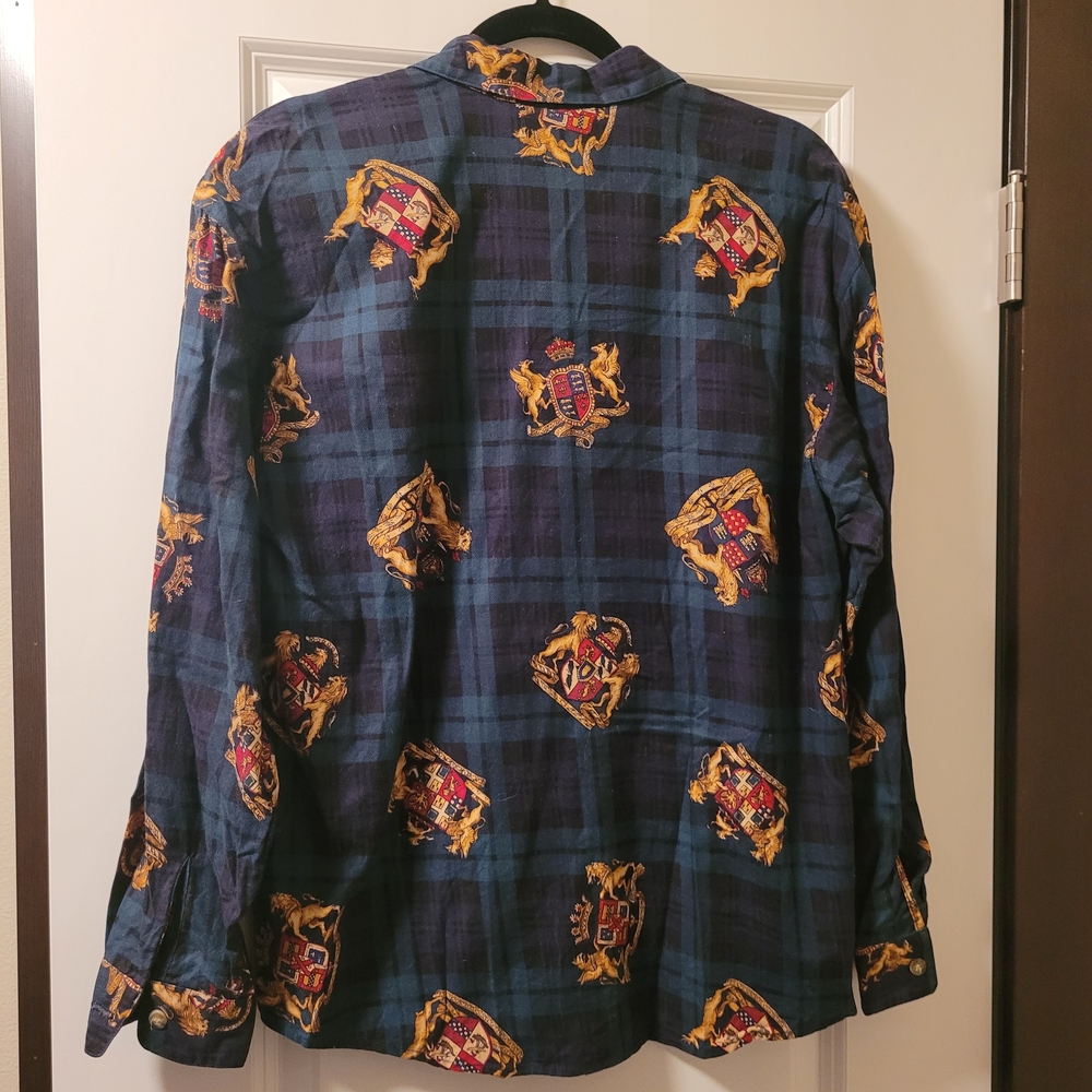 Vintage Bushwacker Women's Blue Green Plaid Gold Crest Button Down Shirt Size L - Picture 3 of 6